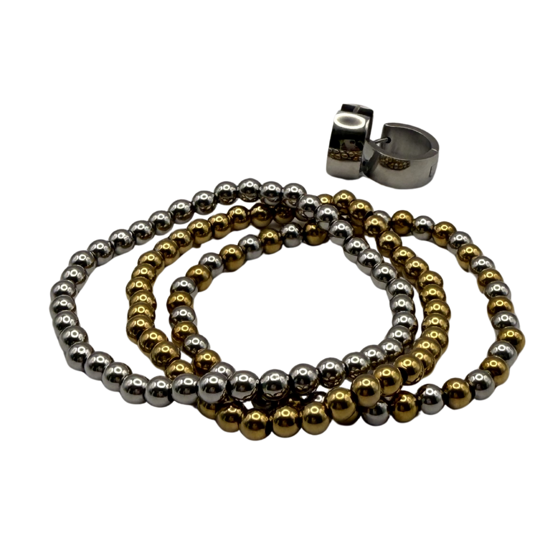 Set de pulseras de bolitas + Huggies Plateados