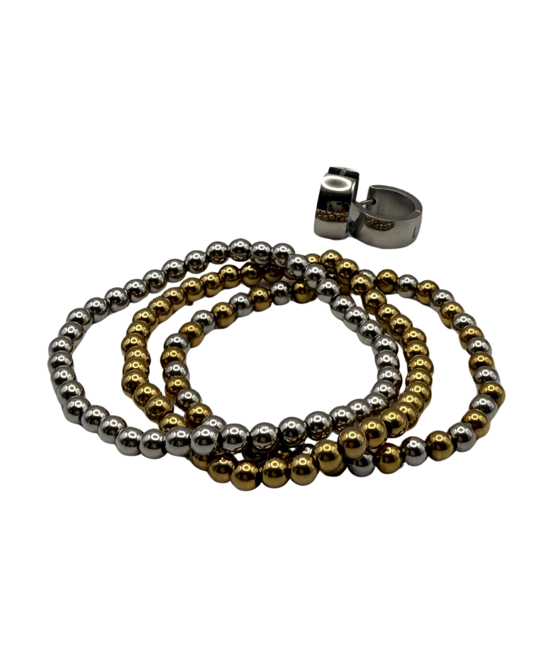 Set de pulseras de bolitas + Huggies Plateados