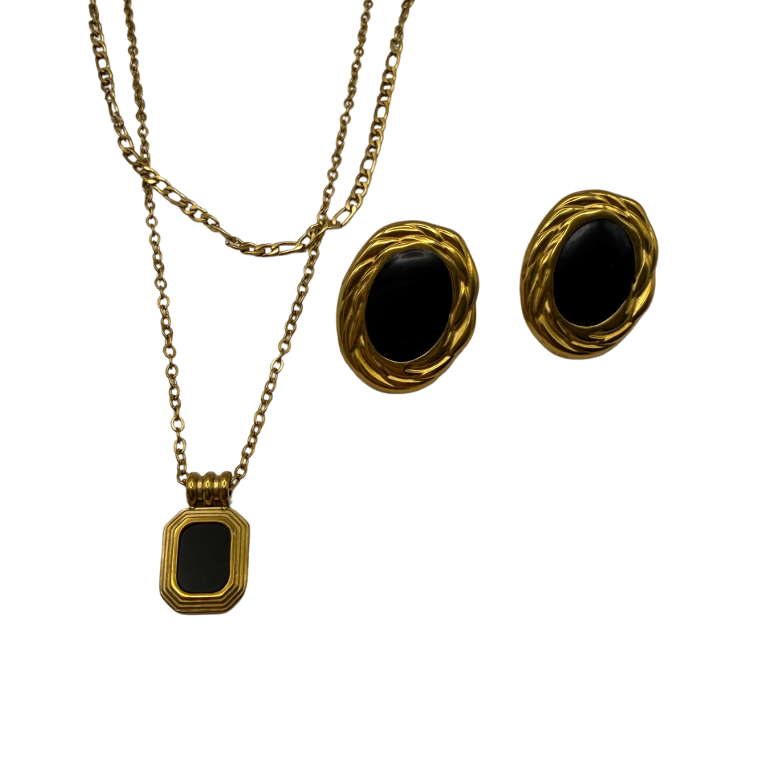 set dorado de cadena doble con dije negro + aretes terra