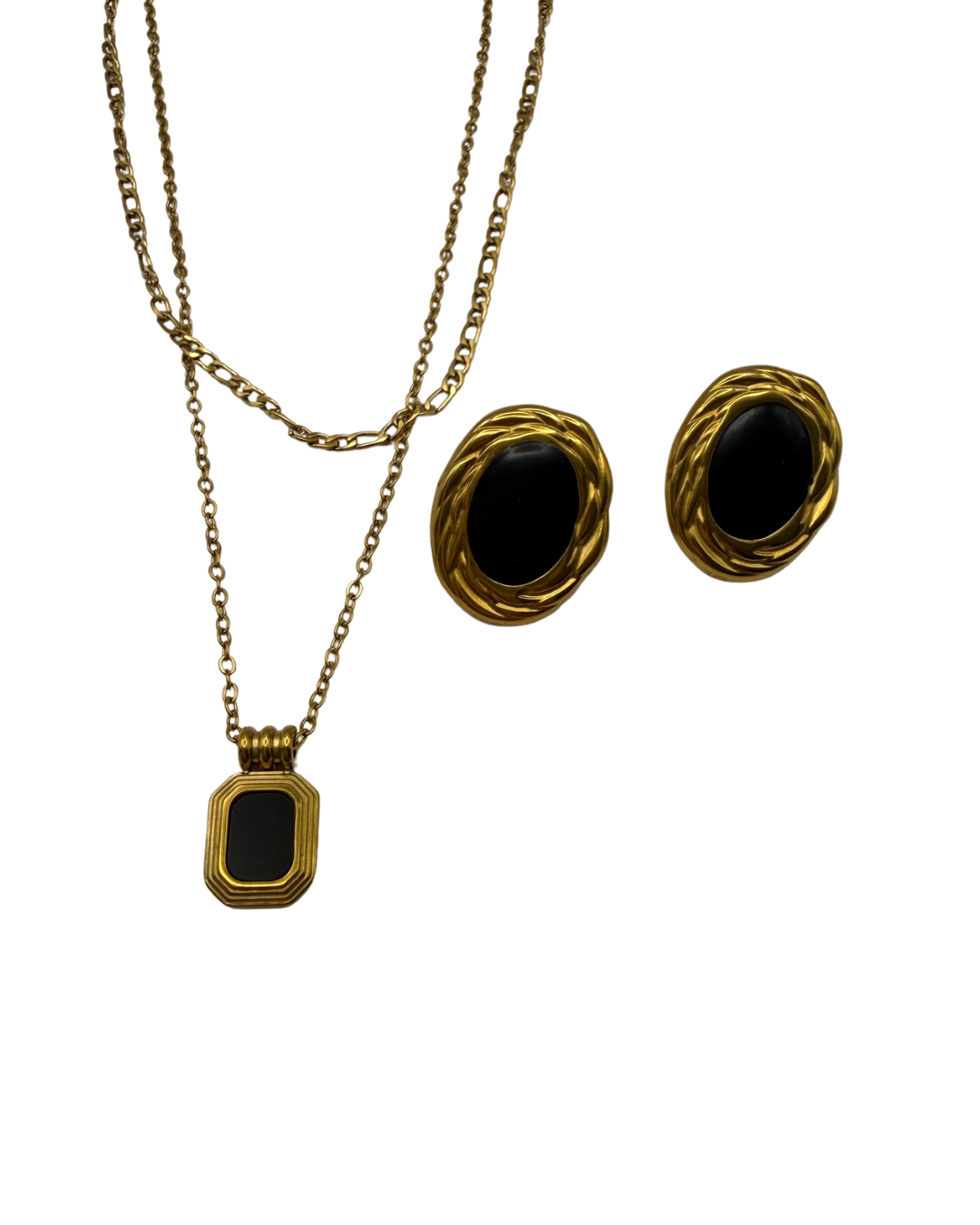 set dorado de cadena doble con dije negro + aretes terra